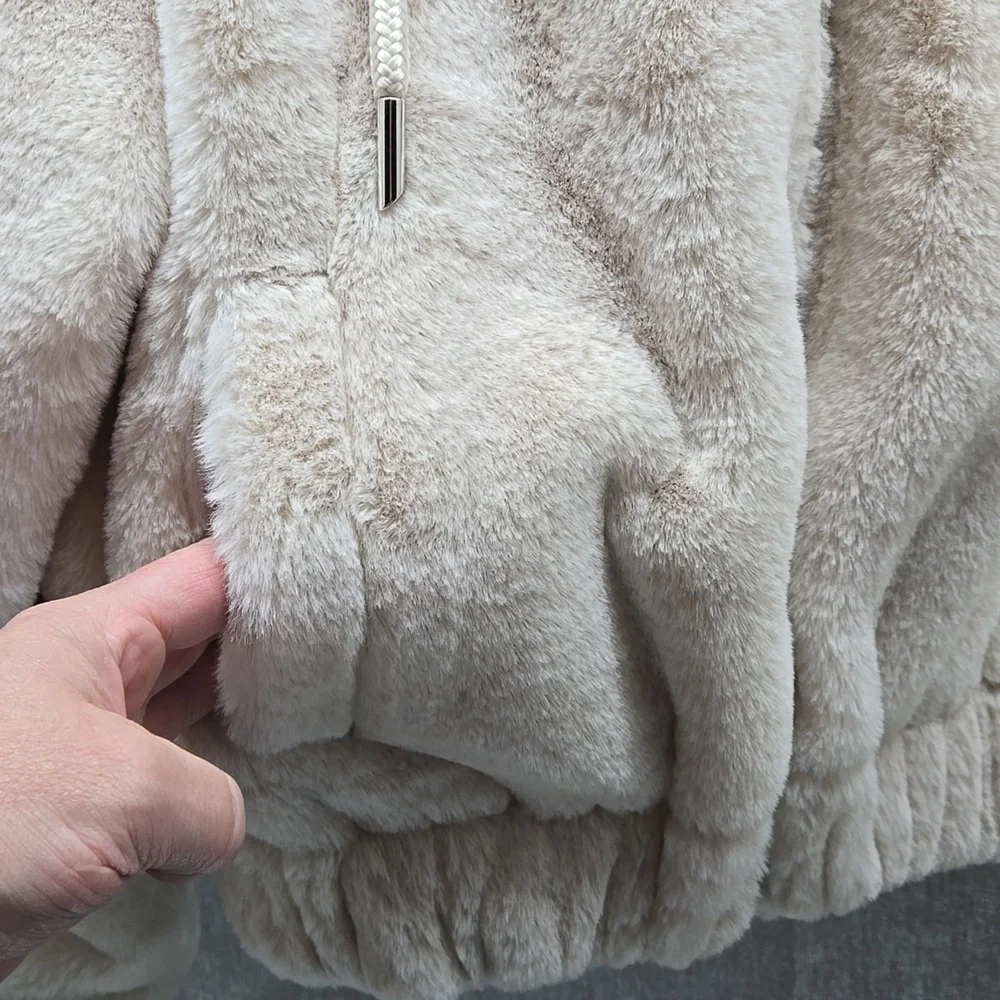 Cropped Hooded Jacket, Stoosh, Small, Faux Fur, Pockets, Elastic Waist, Zip Up